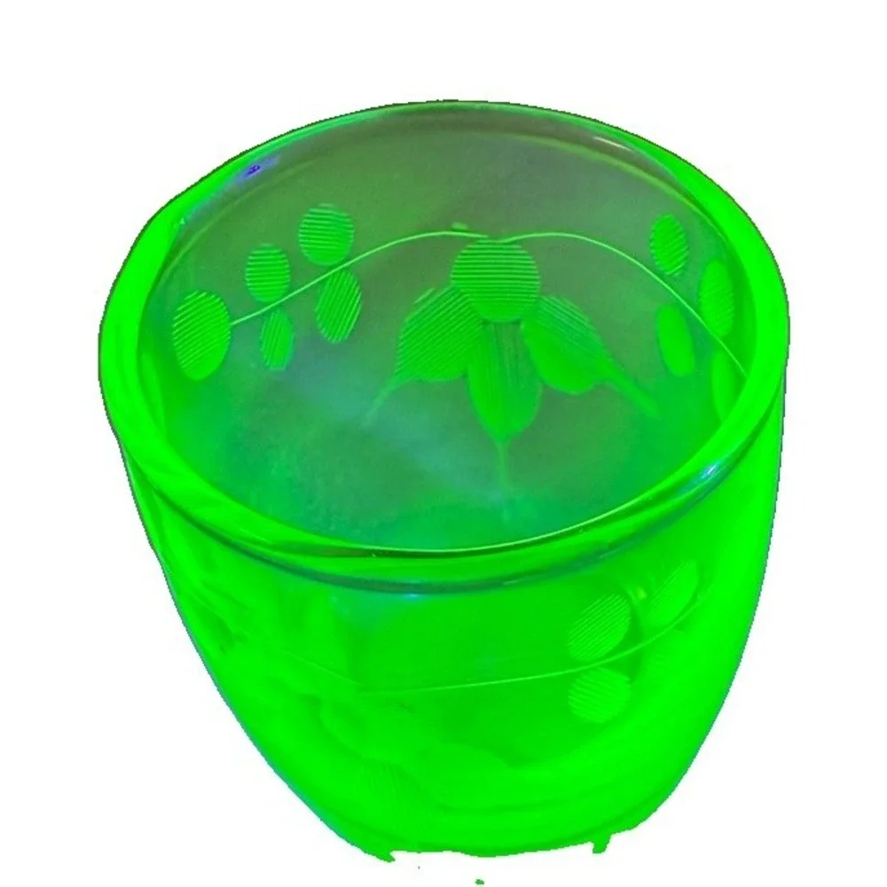 Uranium Glass Cordial Shot Glass Etched Floral UV Glow 2.75